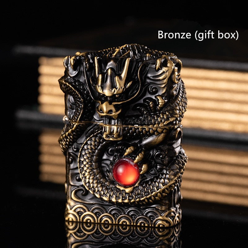 Heavy Armor Dragon Embossed Metal Shell Wheel Kerosene Lighter Men Gadgets Kerosene Oil Gasoline Pattern Lighter