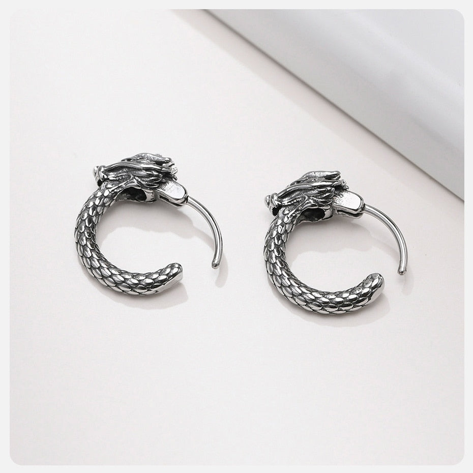 Dragon Hollywood X - Retro Dragon Head Earrings, Vintage Stainless Steel Unisex Hoop Earrings, Cool  Lucky Awesome Jewelry - BEVERLY HILLS- CALIFORNIA - USA