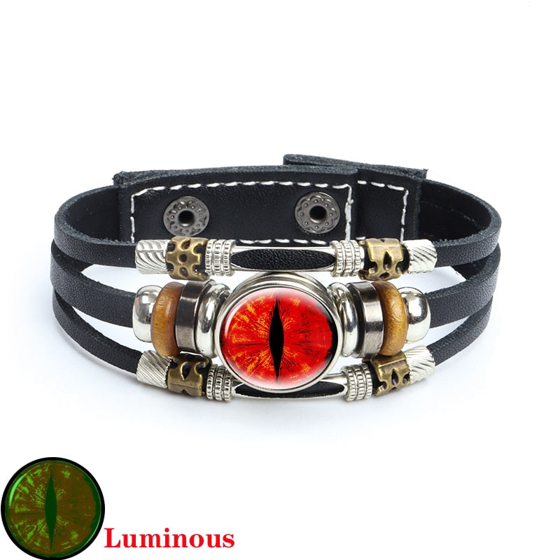 Dragon Hollywood X - Luminous Dragon Eyes Leather Bracelet Man Evil Eye Round Clear Glass Cabochon Button Multilayer Bracelets Bangles Wristband Gift - BEVERLY HILLS-CALIFORNIA-USA