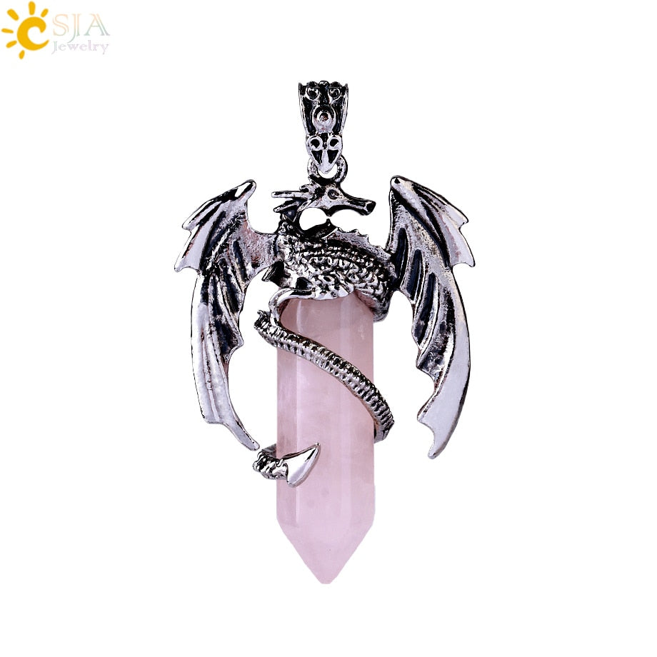 Dragon Hollywood X - CSJA Animal Dragon Man Necklace Natural Gem Stone Healing Pink Quartz Hexagonal Crystal Pendant Vintage Jewelry for Women H012  - BEVERLY HILLS, CALIFORNIA - USA