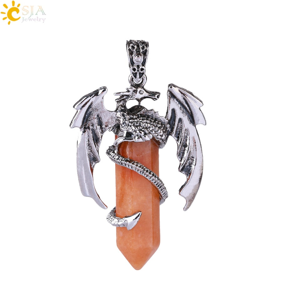 Dragon Hollywood X - CSJA Animal Dragon Man Necklace Natural Gem Stone Healing Pink Quartz Hexagonal Crystal Pendant Vintage Jewelry for Women H012  - BEVERLY HILLS, CALIFORNIA - USA