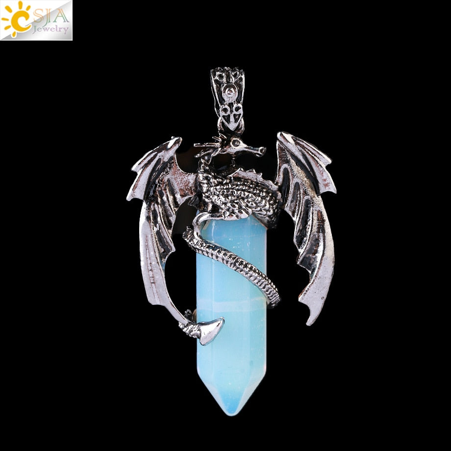 Dragon Hollywood X - CSJA Animal Dragon Man Necklace Natural Gem Stone Healing Pink Quartz Hexagonal Crystal Pendant Vintage Jewelry for Women H012  - BEVERLY HILLS, CALIFORNIA - USA