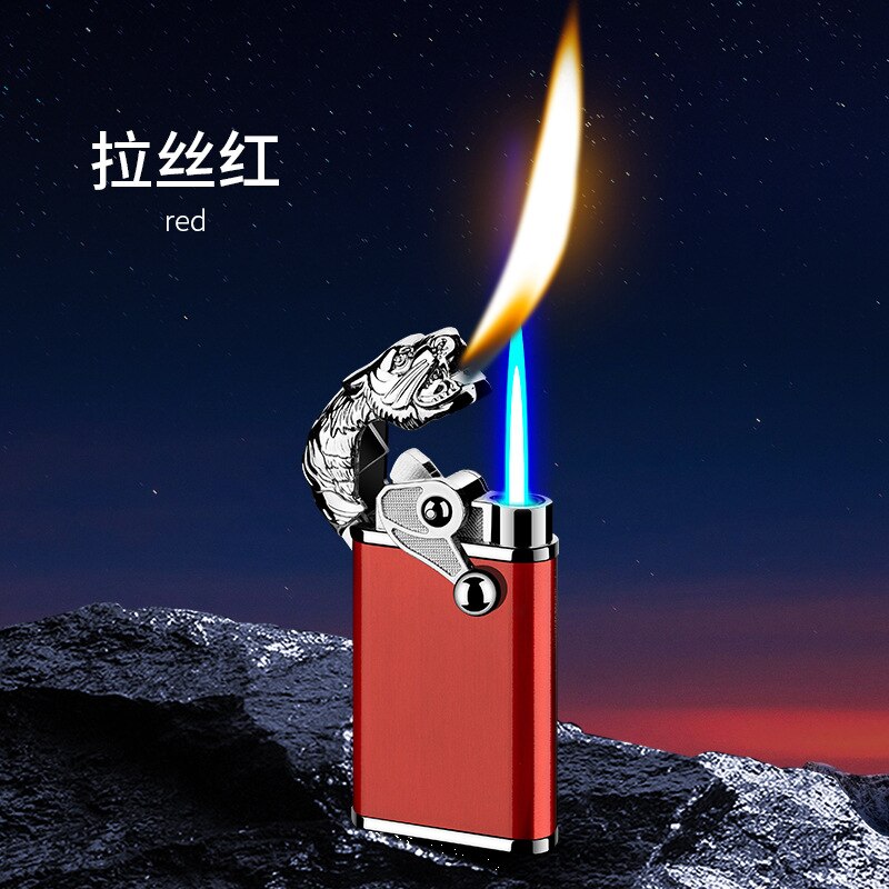 Blue Flame Metal Rocker Arm Ignition Tiger Head Double Fire Dragon Lighter Creative Windproof Open Fire Conversion Lighter