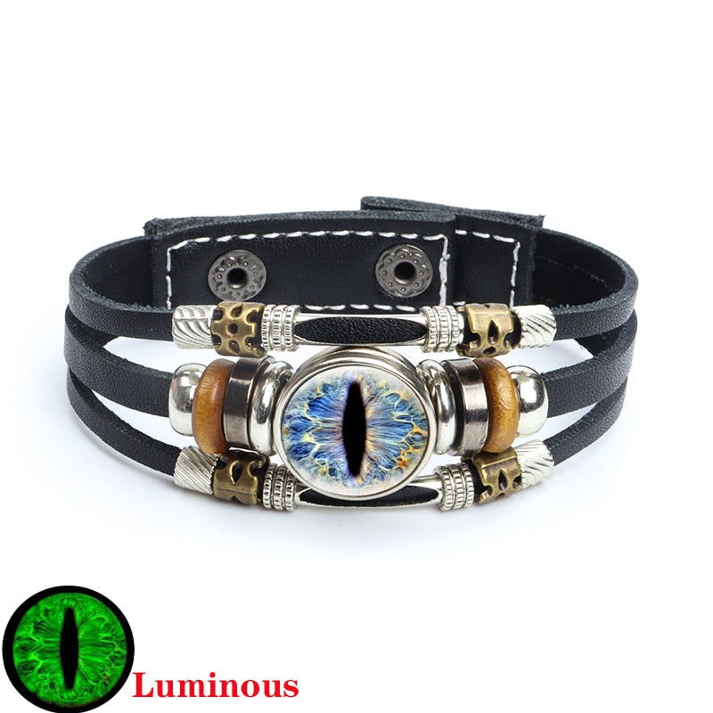 Dragon Hollywood X - Luminous Dragon Eyes Leather Bracelet Man Evil Eye Round Clear Glass Cabochon Button Multilayer Bracelets Bangles Wristband Gift - BEVERLY HILLS-CALIFORNIA-USA