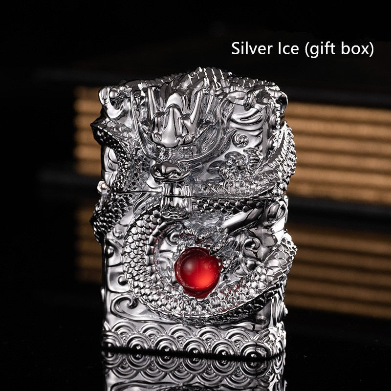 Heavy Armor Dragon Embossed Metal Shell Wheel Kerosene Lighter Men Gadgets Kerosene Oil Gasoline Pattern Lighter