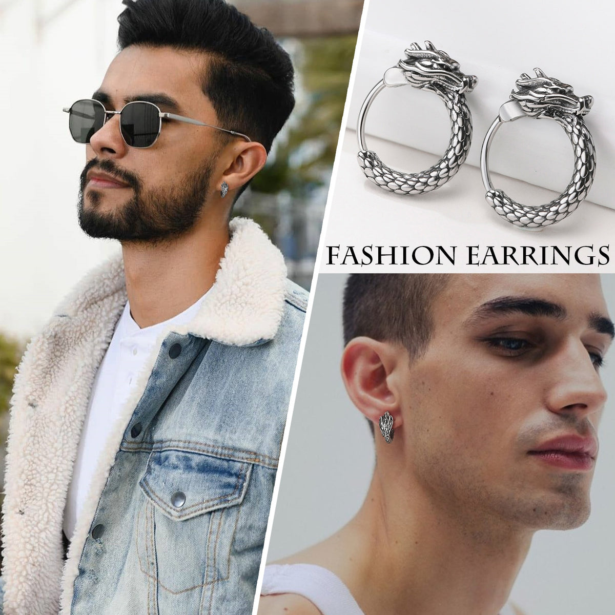 Dragon Hollywood X - Retro Dragon Head Earrings, Vintage Stainless Steel Unisex Hoop Earrings, Cool  Lucky Awesome Jewelry - BEVERLY HILLS- CALIFORNIA - USA
