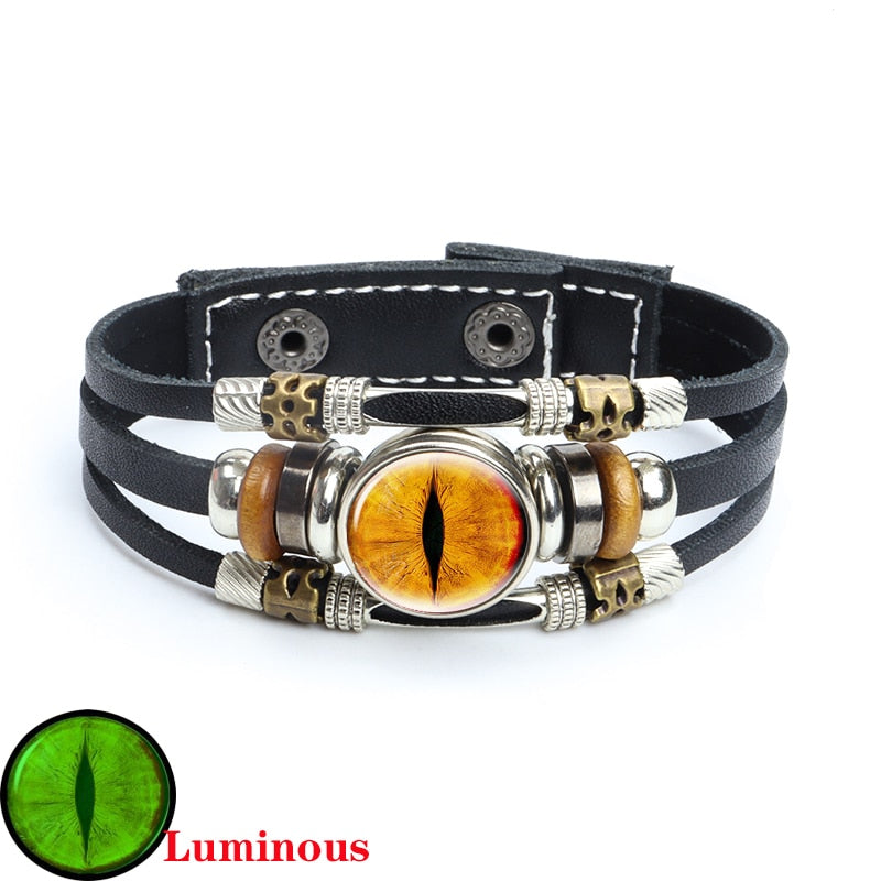 Dragon Hollywood X - Luminous Dragon Eyes Leather Bracelet Man Evil Eye Round Clear Glass Cabochon Button Multilayer Bracelets Bangles Wristband Gift - BEVERLY HILLS-CALIFORNIA-USA