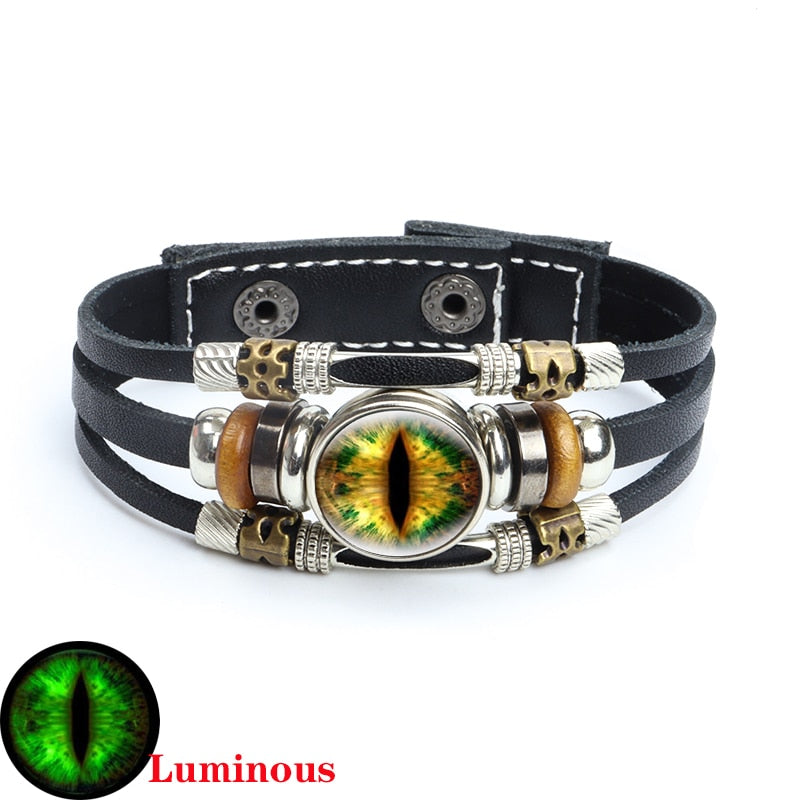 Dragon Hollywood X - Luminous Dragon Eyes Leather Bracelet Man Evil Eye Round Clear Glass Cabochon Button Multilayer Bracelets Bangles Wristband Gift - BEVERLY HILLS-CALIFORNIA-USA