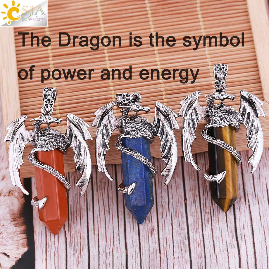 Dragon Hollywood X - CSJA Animal Dragon Man Necklace Natural Gem Stone Healing Pink Quartz Hexagonal Crystal Pendant Vintage Jewelry for Women H012  - BEVERLY HILLS, CALIFORNIA - USA