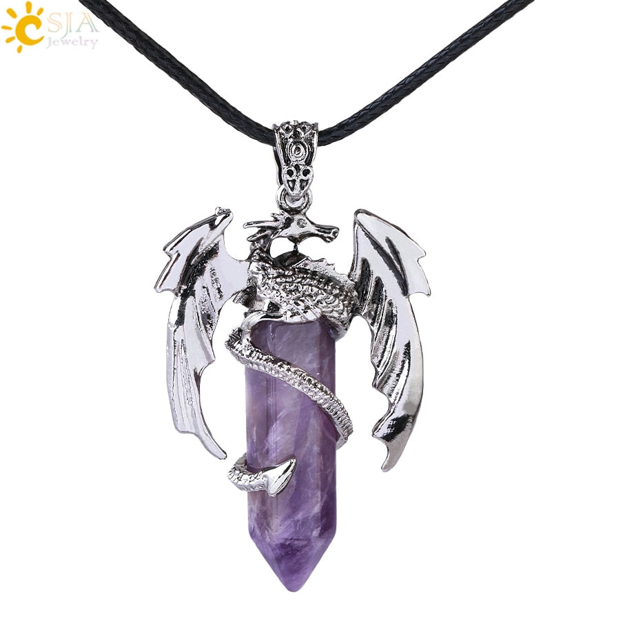 Dragon Hollywood X - CSJA Animal Dragon Man Necklace Natural Gem Stone Healing Pink Quartz Hexagonal Crystal Pendant Vintage Jewelry for Women H012  - BEVERLY HILLS, CALIFORNIA - USA