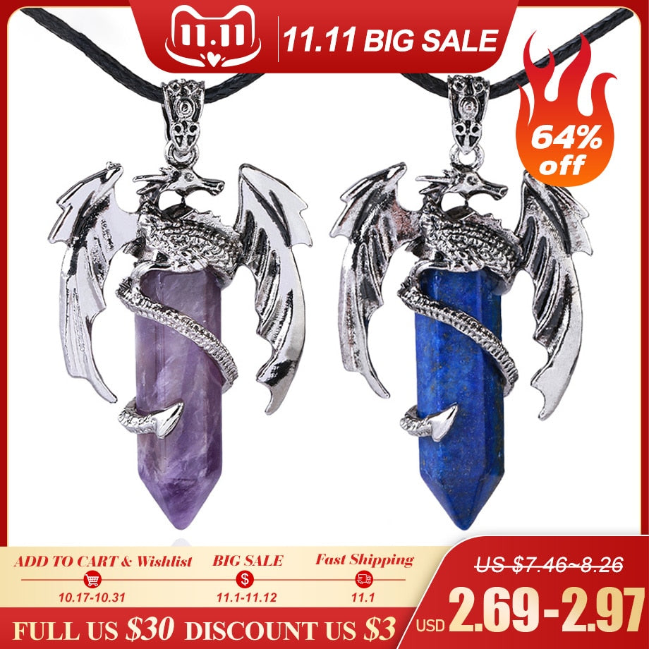 Dragon Hollywood X - CSJA Animal Dragon Man Necklace Natural Gem Stone Healing Pink Quartz Hexagonal Crystal Pendant Vintage Jewelry for Women H012  - BEVERLY HILLS, CALIFORNIA - USA