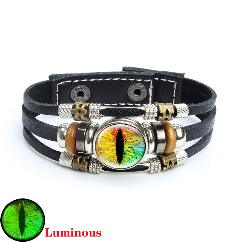 Dragon Hollywood X - Luminous Dragon Eyes Leather Bracelet Man Evil Eye Round Clear Glass Cabochon Button Multilayer Bracelets Bangles Wristband Gift - BEVERLY HILLS-CALIFORNIA-USA