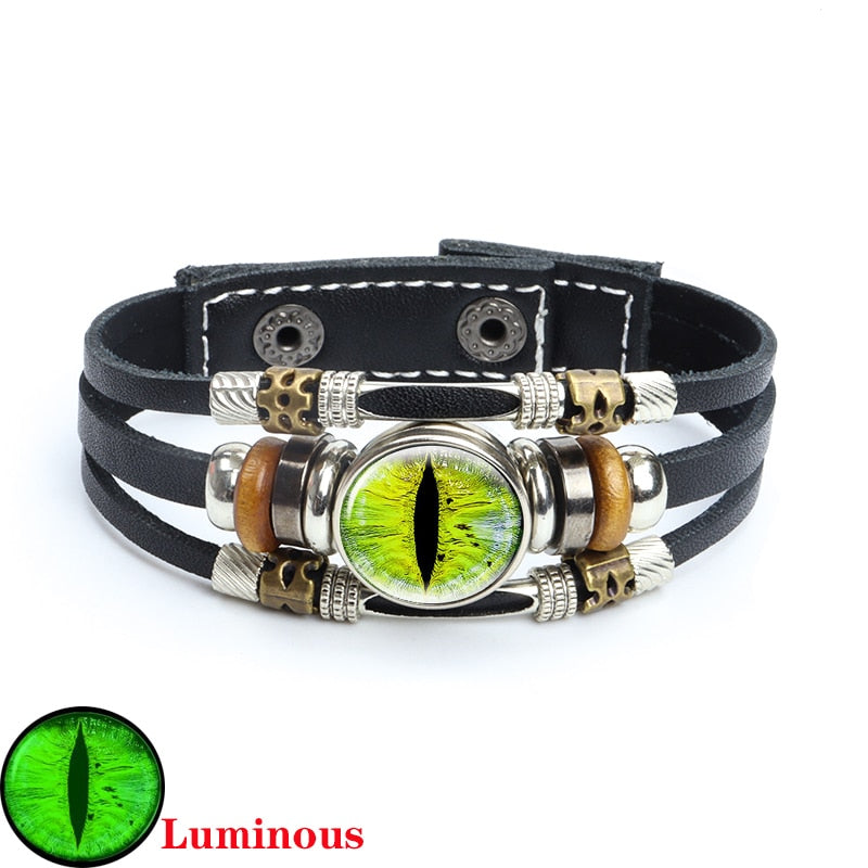 Dragon Hollywood X - Luminous Dragon Eyes Leather Bracelet Man Evil Eye Round Clear Glass Cabochon Button Multilayer Bracelets Bangles Wristband Gift - BEVERLY HILLS-CALIFORNIA-USA