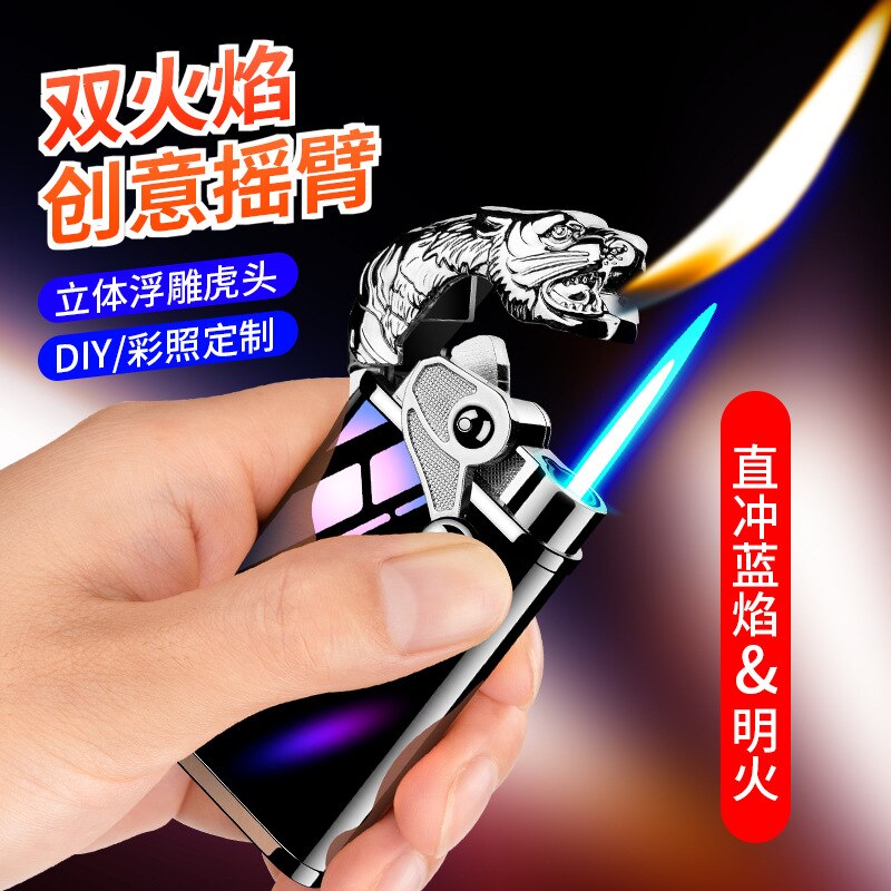 Blue Flame Metal Rocker Arm Ignition Tiger Head Double Fire Dragon Lighter Creative Windproof Open Fire Conversion Lighter