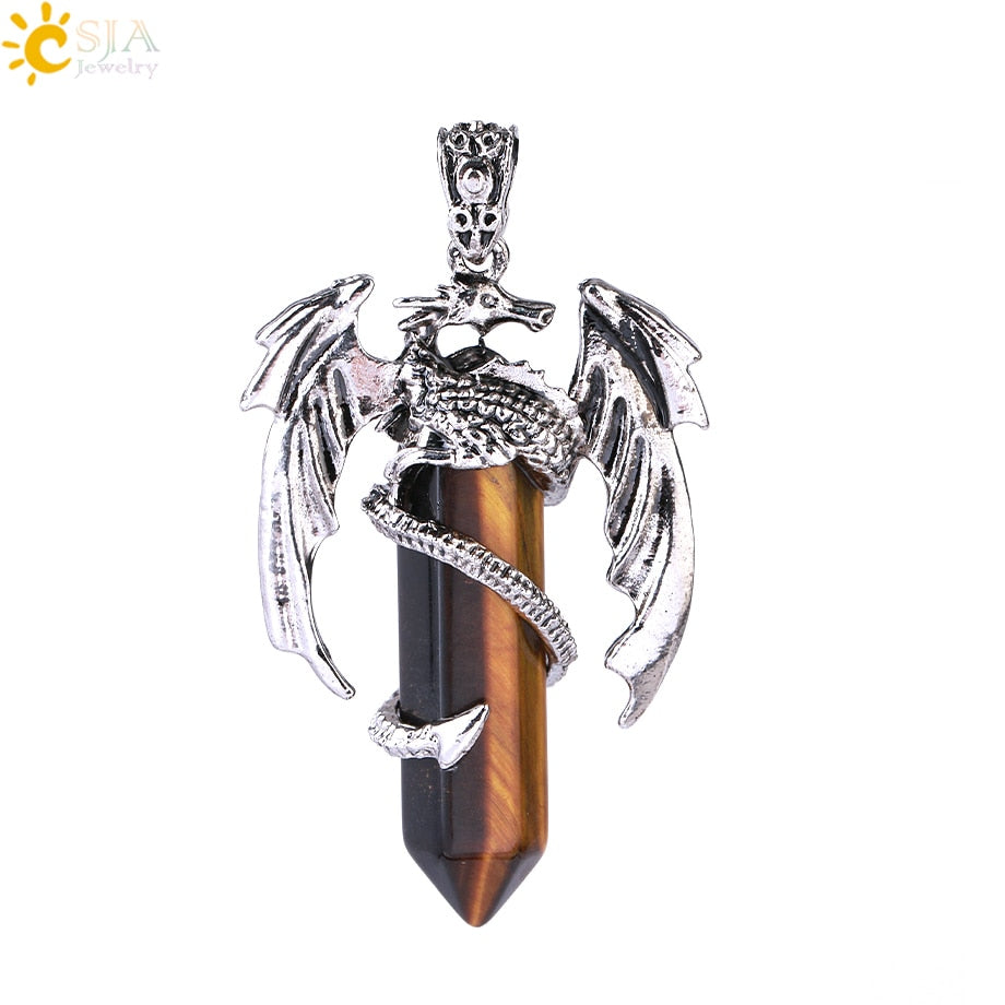 Dragon Hollywood X - CSJA Animal Dragon Man Necklace Natural Gem Stone Healing Pink Quartz Hexagonal Crystal Pendant Vintage Jewelry for Women H012  - BEVERLY HILLS, CALIFORNIA - USA