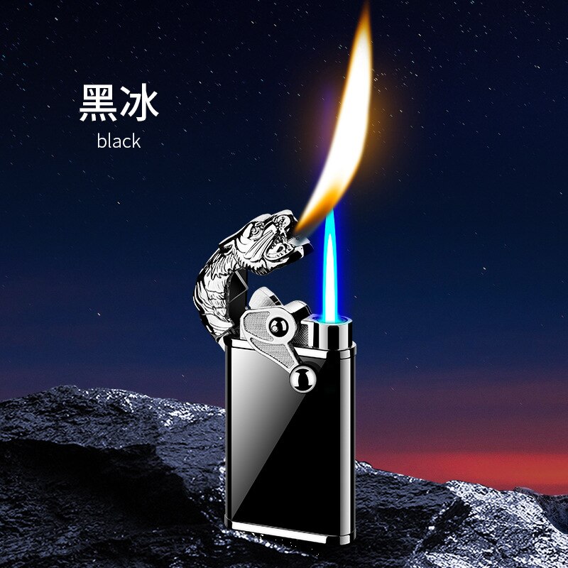 Blue Flame Metal Rocker Arm Ignition Tiger Head Double Fire Dragon Lighter Creative Windproof Open Fire Conversion Lighter