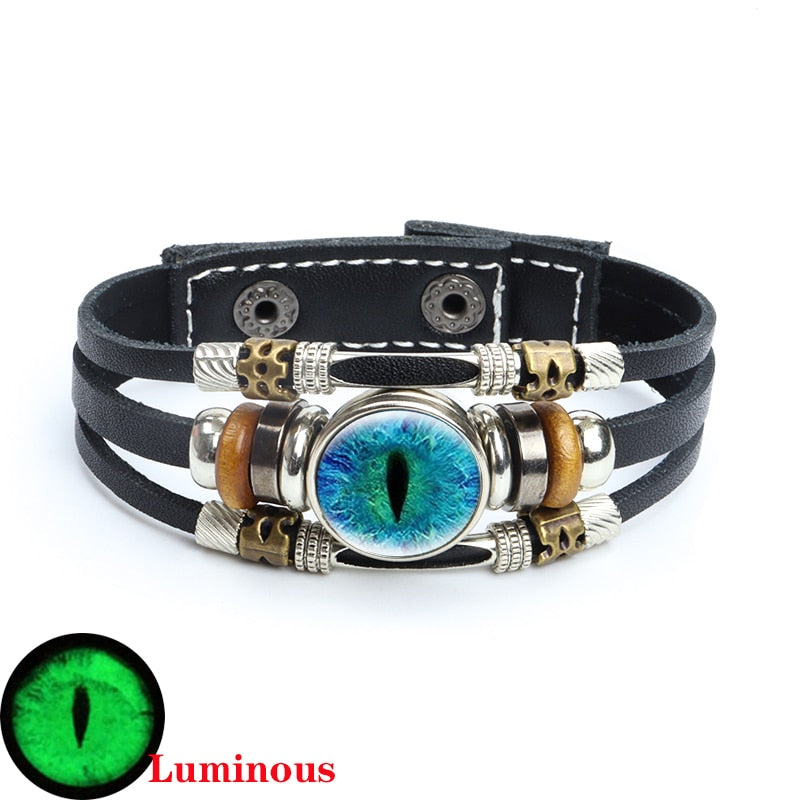 Dragon Hollywood X - Luminous Dragon Eyes Leather Bracelet Man Evil Eye Round Clear Glass Cabochon Button Multilayer Bracelets Bangles Wristband Gift - BEVERLY HILLS-CALIFORNIA-USA