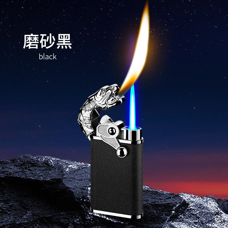 Blue Flame Metal Rocker Arm Ignition Tiger Head Double Fire Dragon Lighter Creative Windproof Open Fire Conversion Lighter